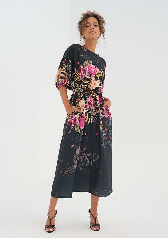 Midi black dress with a peony flower print