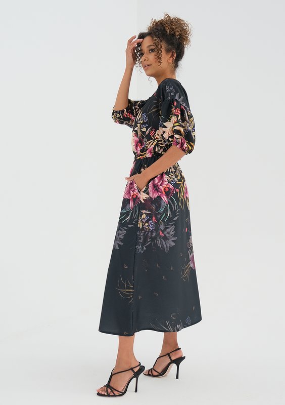 Midi black dress with a peony flower print