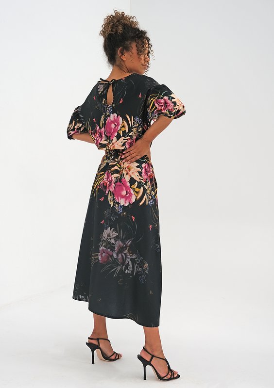 Midi black dress with a peony flower print