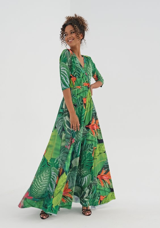 Maxi dress with a wrap neckline Green Leaves