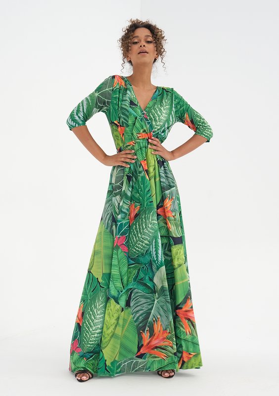 Maxi dress with a wrap neckline Green Leaves