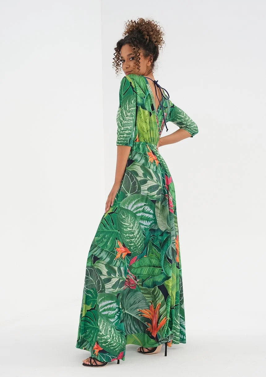 Maxi dress with a wrap neckline Green Leaves