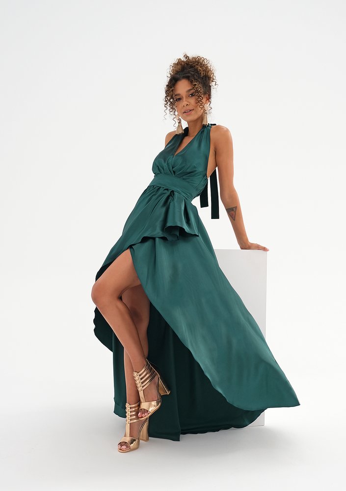 Asymmetric maxi green satin dress
