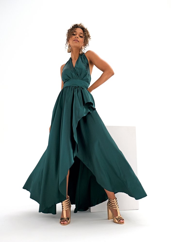 Asymmetric maxi green satin dress