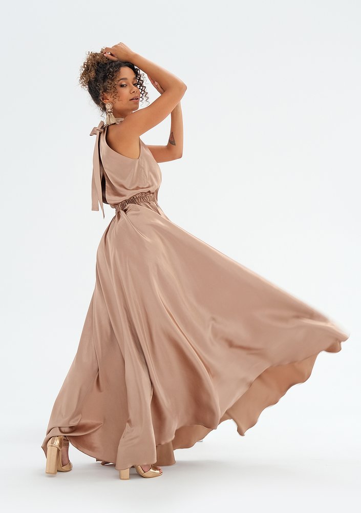 Maxi beige satin dress with a halter neckline