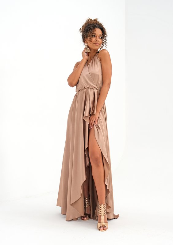 Asymmetric maxi beige satin dress