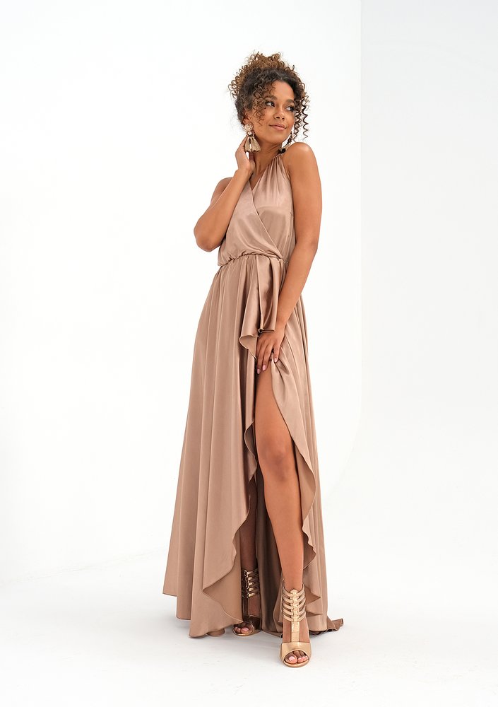 Asymmetric maxi beige satin dress