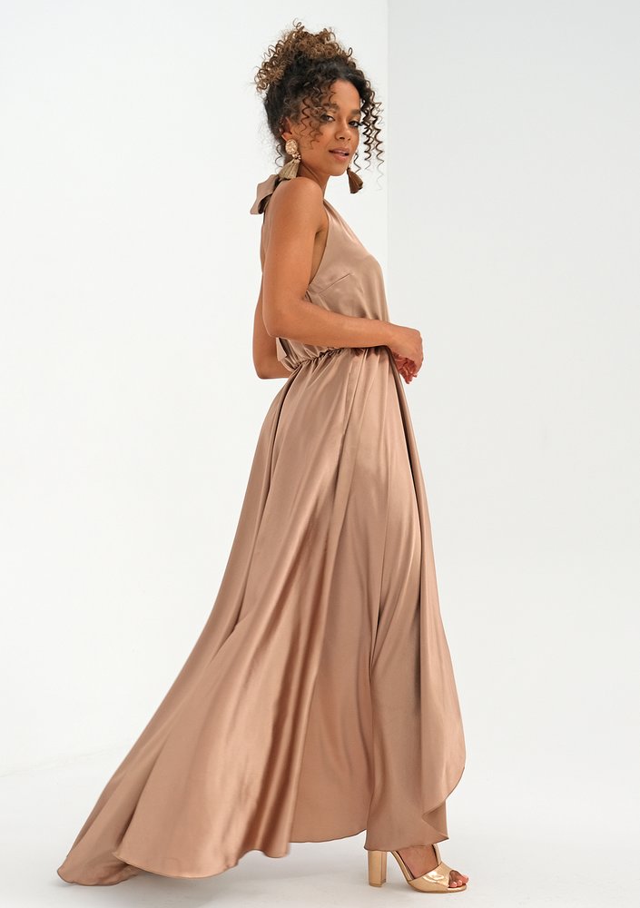 Asymmetric maxi beige satin dress
