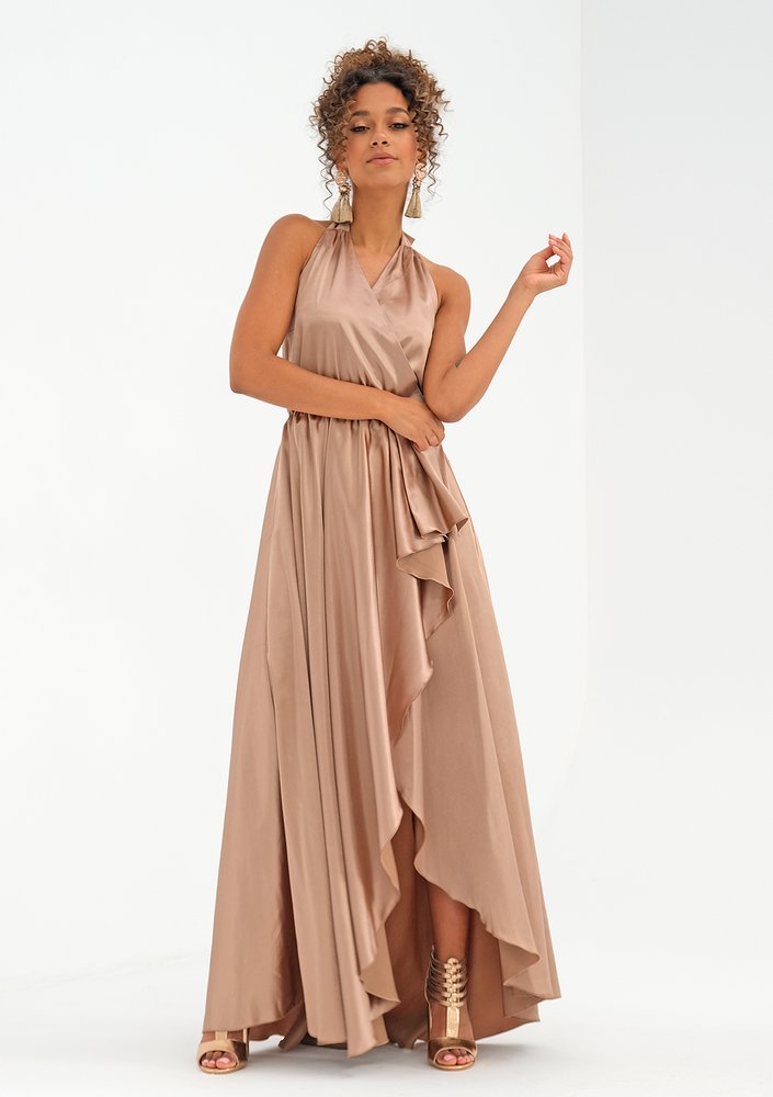 Asymmetric maxi beige satin dress