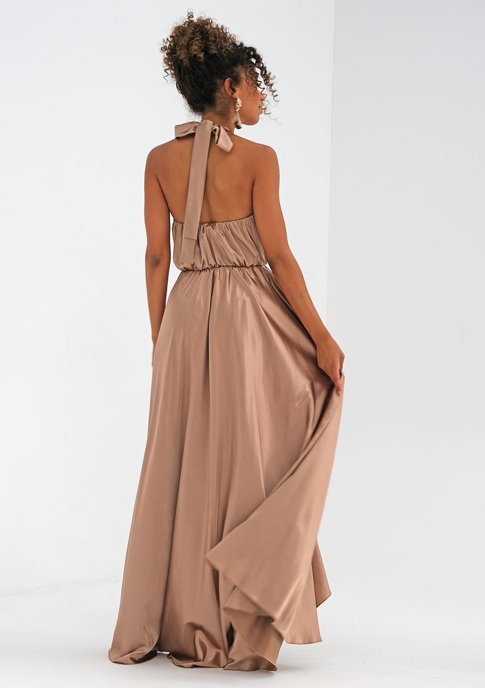 Asymmetric maxi beige satin dress