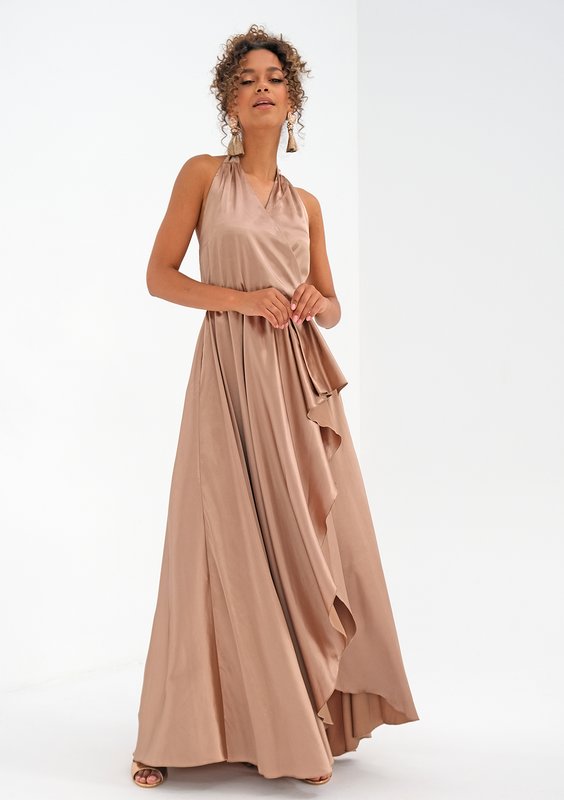 Asymmetric maxi beige satin dress