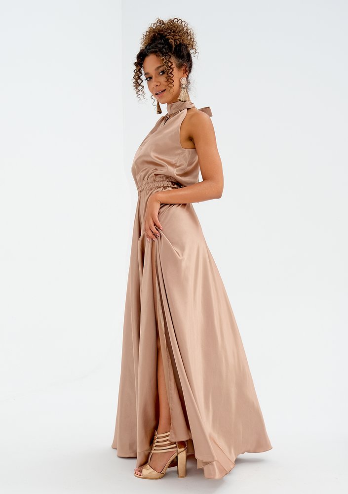 Maxi beige satin dress with a halter neckline
