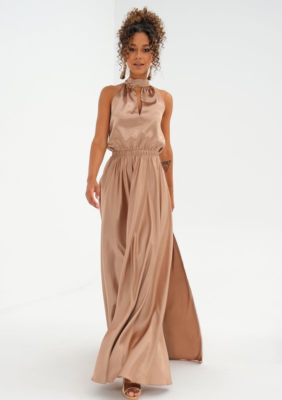 Maxi beige satin dress with a halter neckline