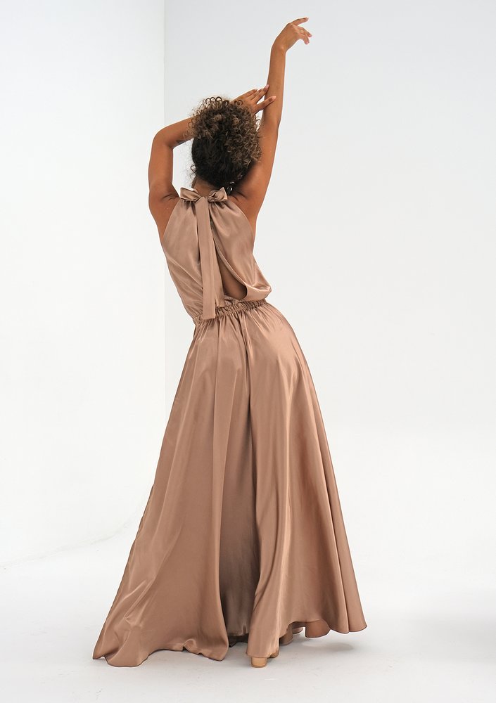 Maxi beige satin dress with a halter neckline
