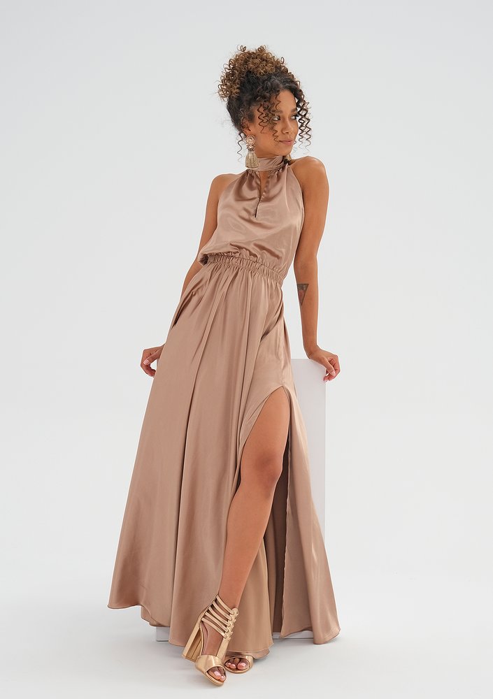 Maxi beige satin dress with a halter neckline