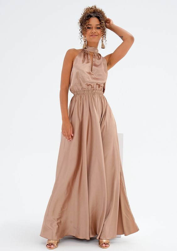Maxi beige satin dress with a halter neckline