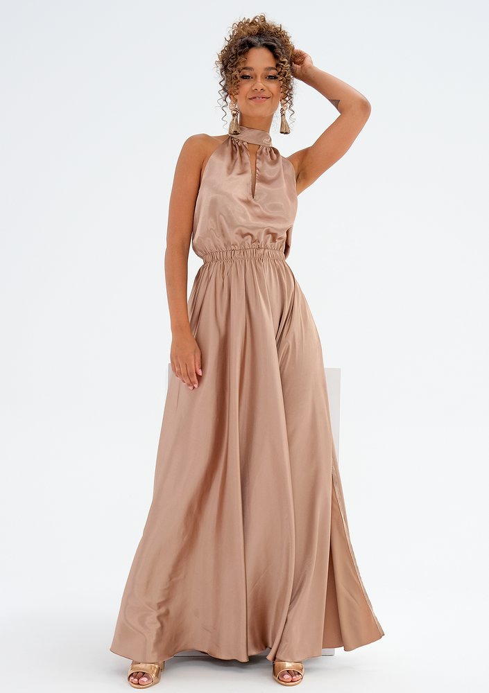 Maxi beige satin dress with a halter neckline