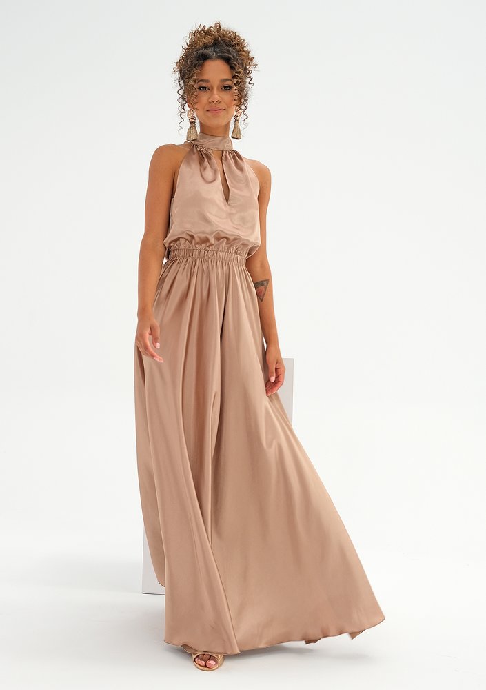 Maxi beige satin dress with a halter neckline