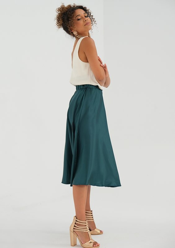 Midi green satin skirt