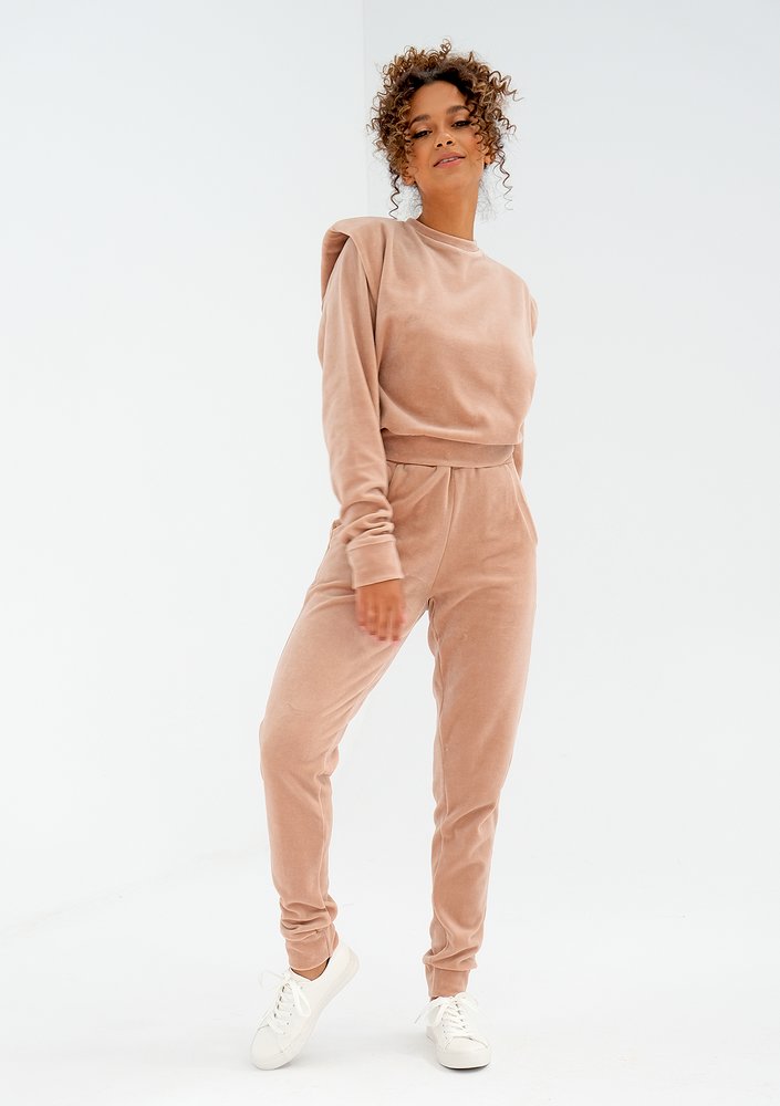 Velvet sweatshirt with shoulder pads Beige