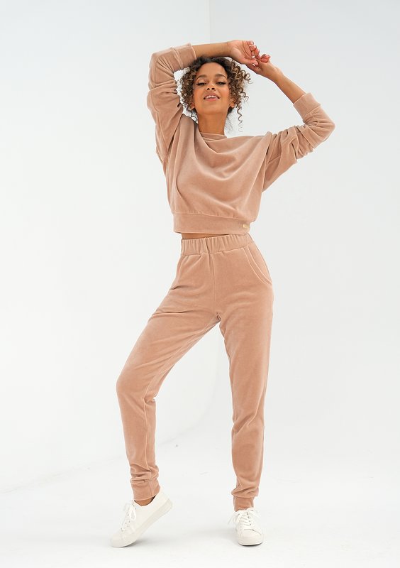 Velvet sweatshirt with shoulder pads Beige