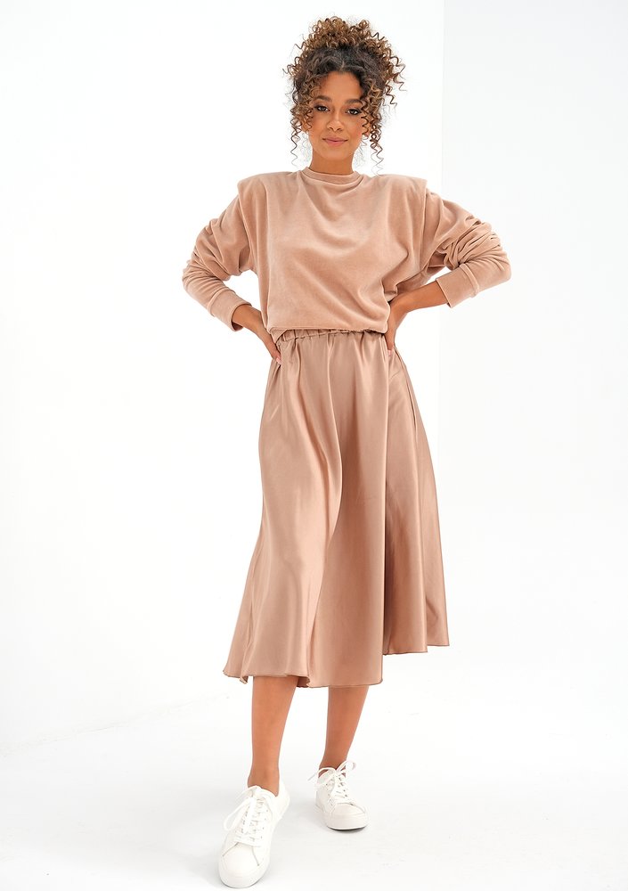 Velvet sweatshirt with shoulder pads Beige