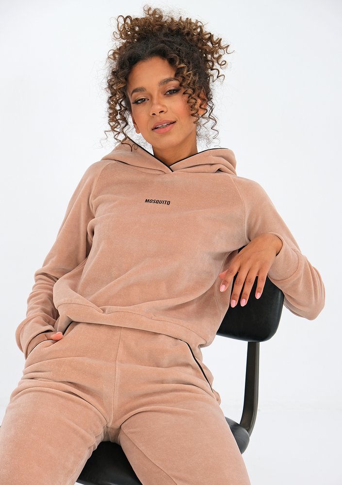 Beige velvet sweatshirt with black details