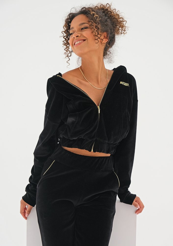 Black velvet sweatshirt with a zipper closure