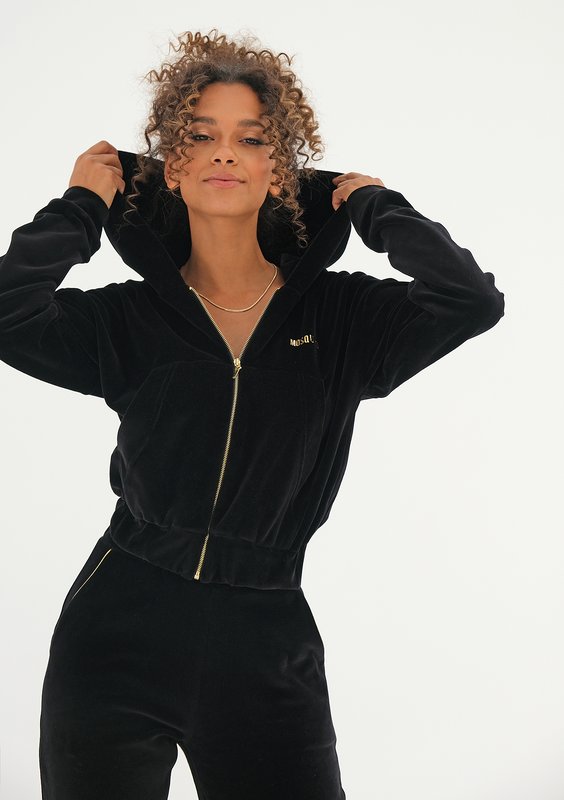 Black velvet sweatshirt with a zipper closure