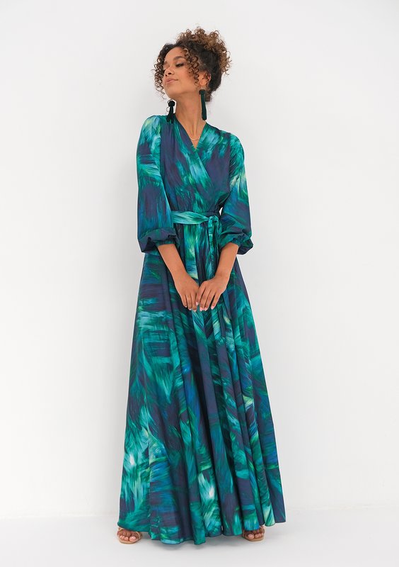 Kopertowa sukienka maxi Teal Waves
