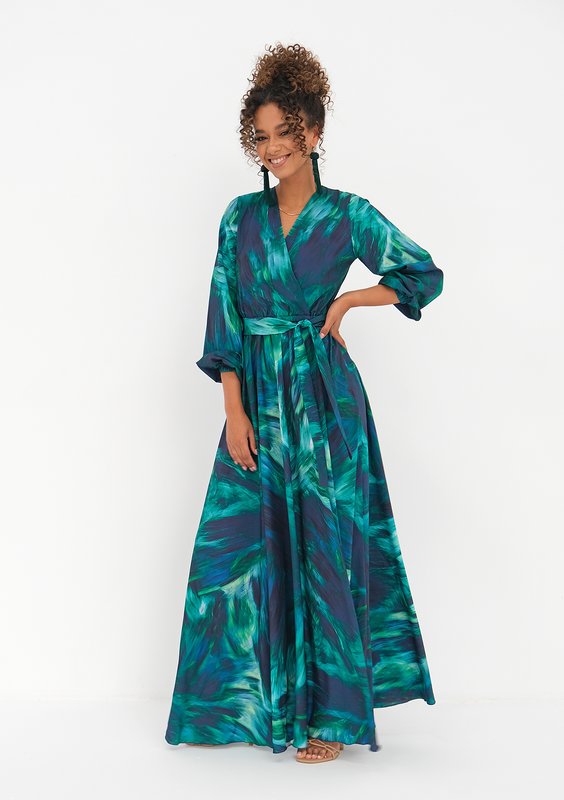 Kopertowa sukienka maxi Teal Waves