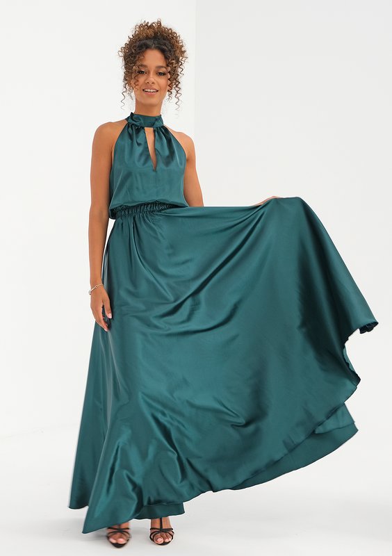 Maxi green satin dress with a halter neckline