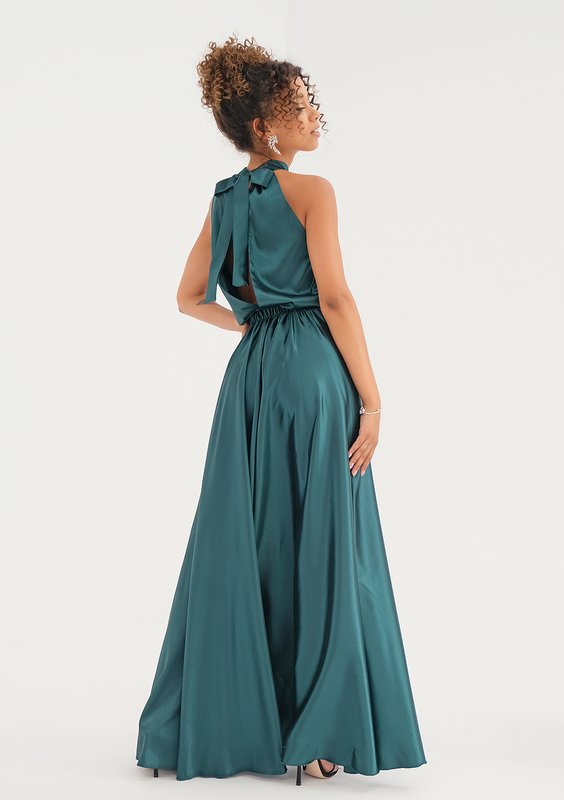 Maxi green satin dress with a halter neckline