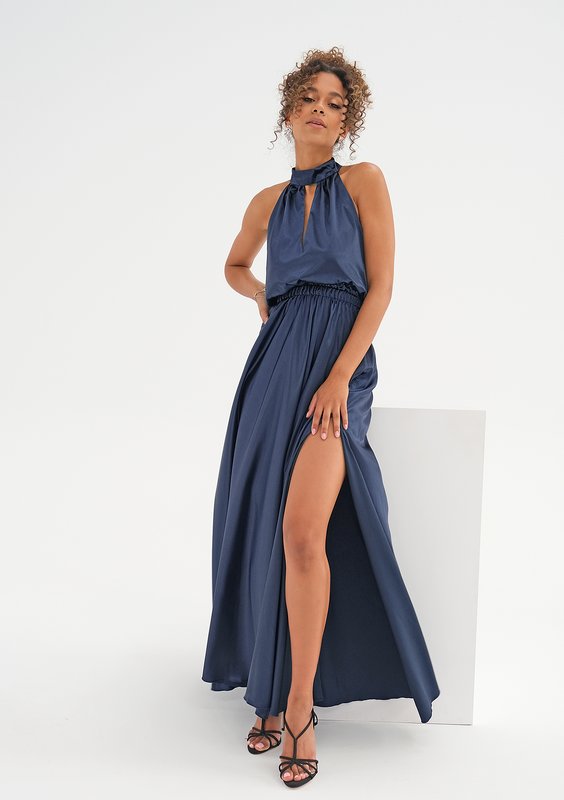 Maxi green satin dress with a halter neckline