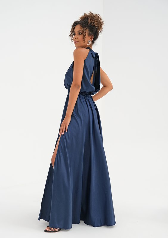 Maxi green satin dress with a halter neckline