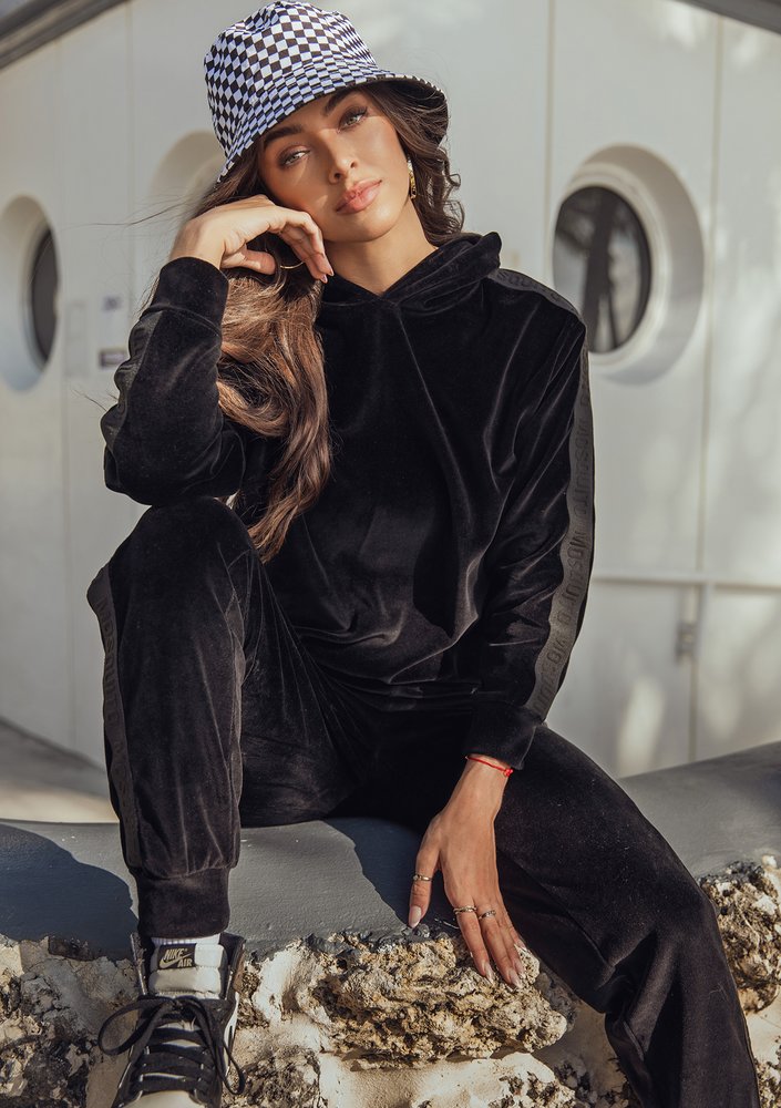 Black velvet sweatshirt with stripes