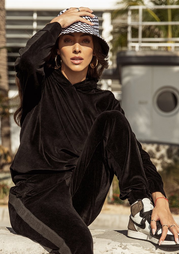 Black velvet sweatshirt with stripes