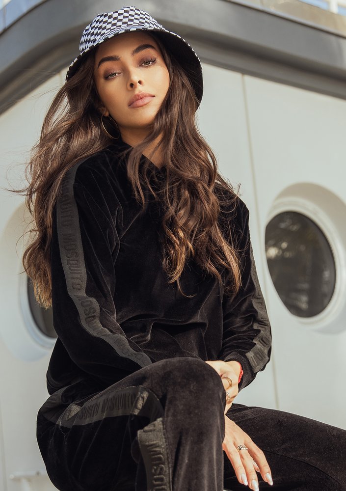 Black velvet sweatshirt with stripes