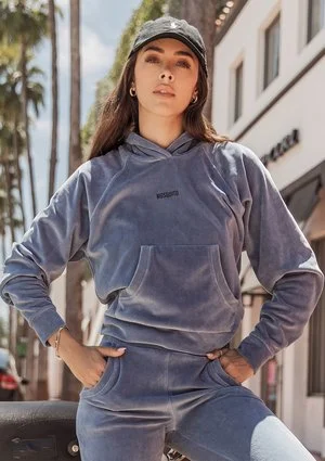 Bluza welurowa z raglanowym rękawem i kapturem Jeans Blue ILM
