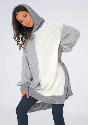 Long tricolor grey sweater with a hood