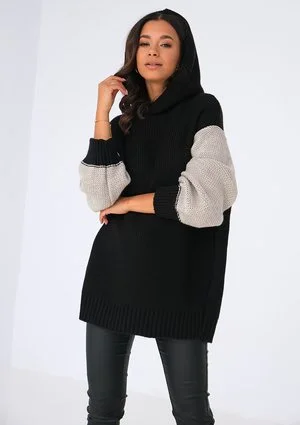 Sweter z kapturem z łączonych kolorów Czarny ILM
