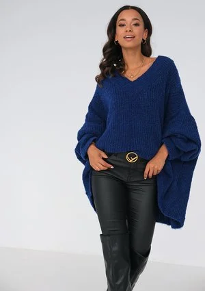 Sweter z dekoltem V oversize KOBALTOWY ILM