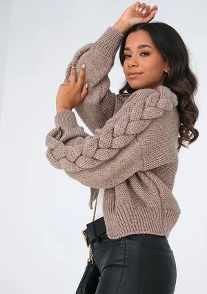 Short taupe cardigan with a braid