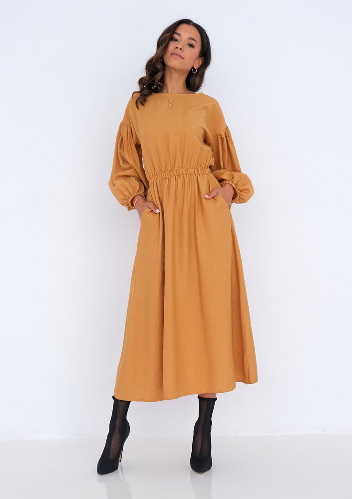 Midi mustard yellow dress with pockets