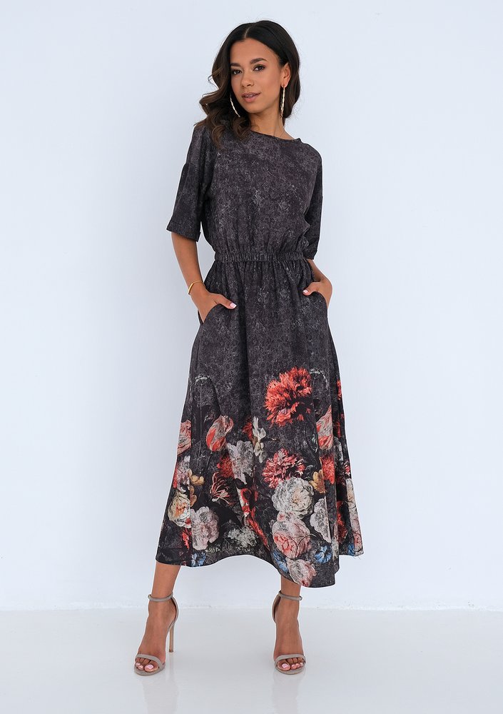 Sukienka midi Floral border Grafitowa