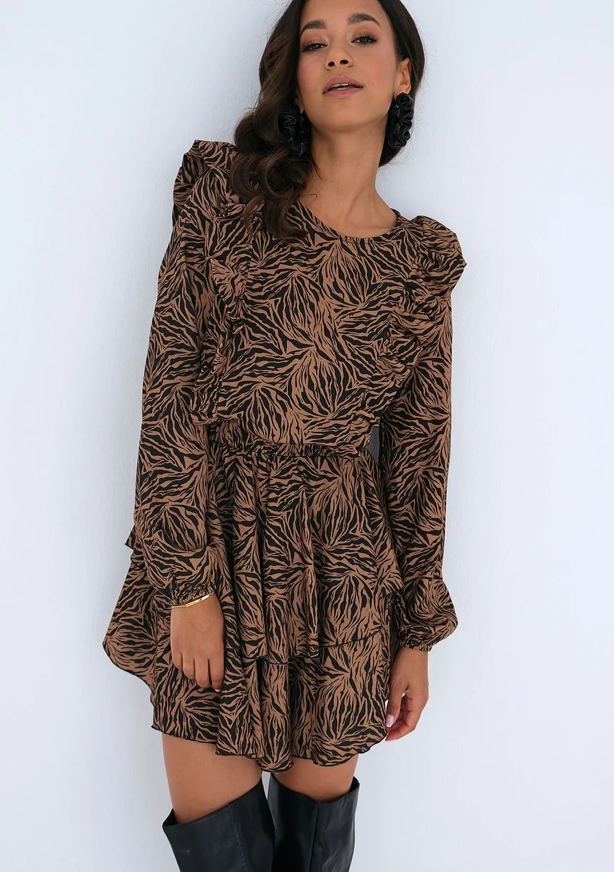 Brown printed dress with frills