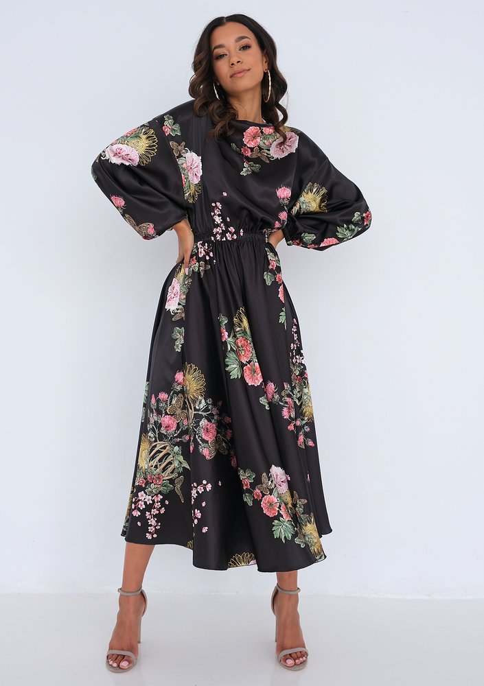 Satynowa sukienka midi Floral Czarna