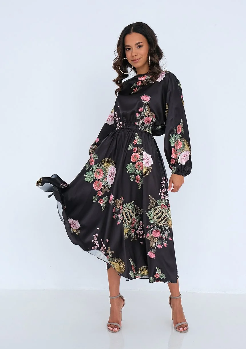Midi black satin dress Floral