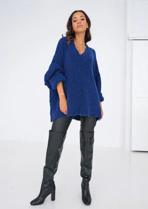 Sweter z dekoltem V oversize KOBALTOWY ILM