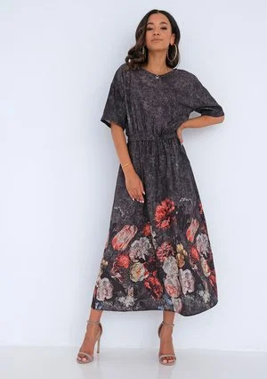 Midi charcoal grey dress with a floral border